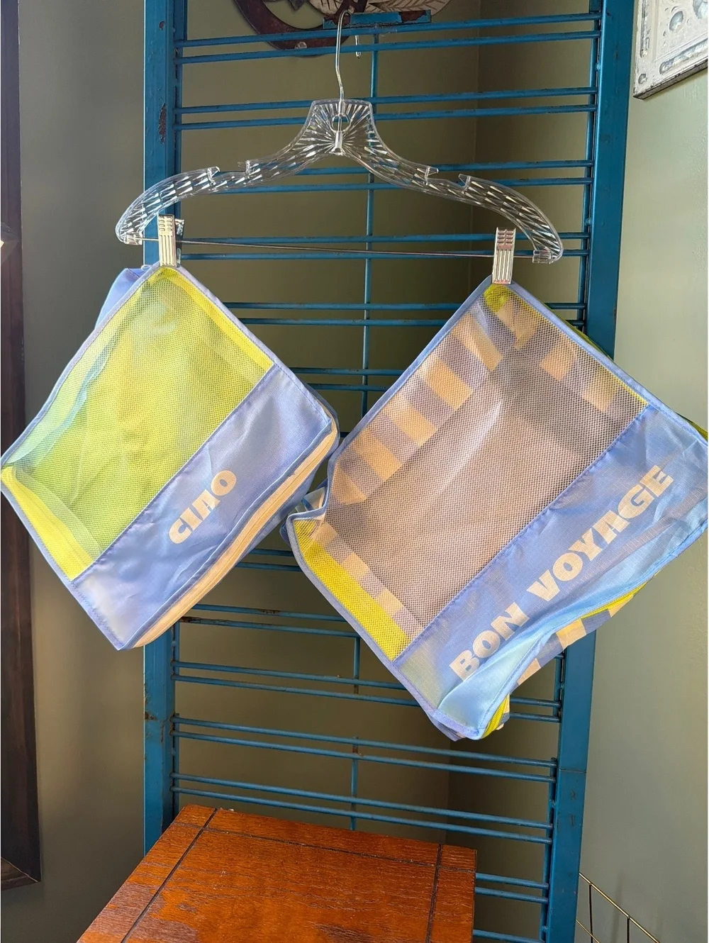 Set of 2 Blue and Yellow Mesh Travel Packing Cubes with 'Ciao' and 'Bon Voyage'